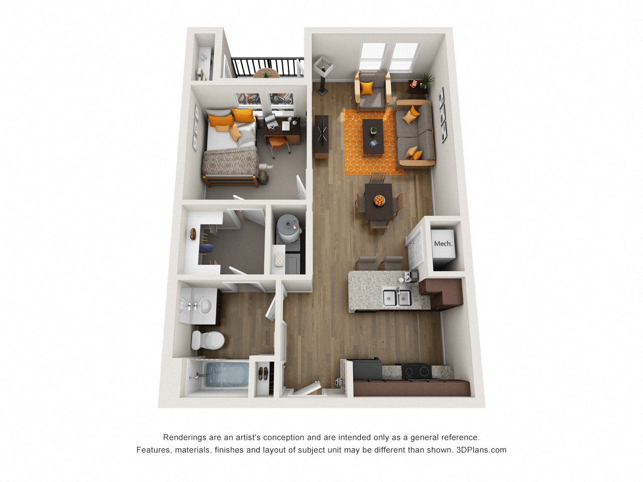 Floor plan for 1 bed, 1 bath, 679 sqft